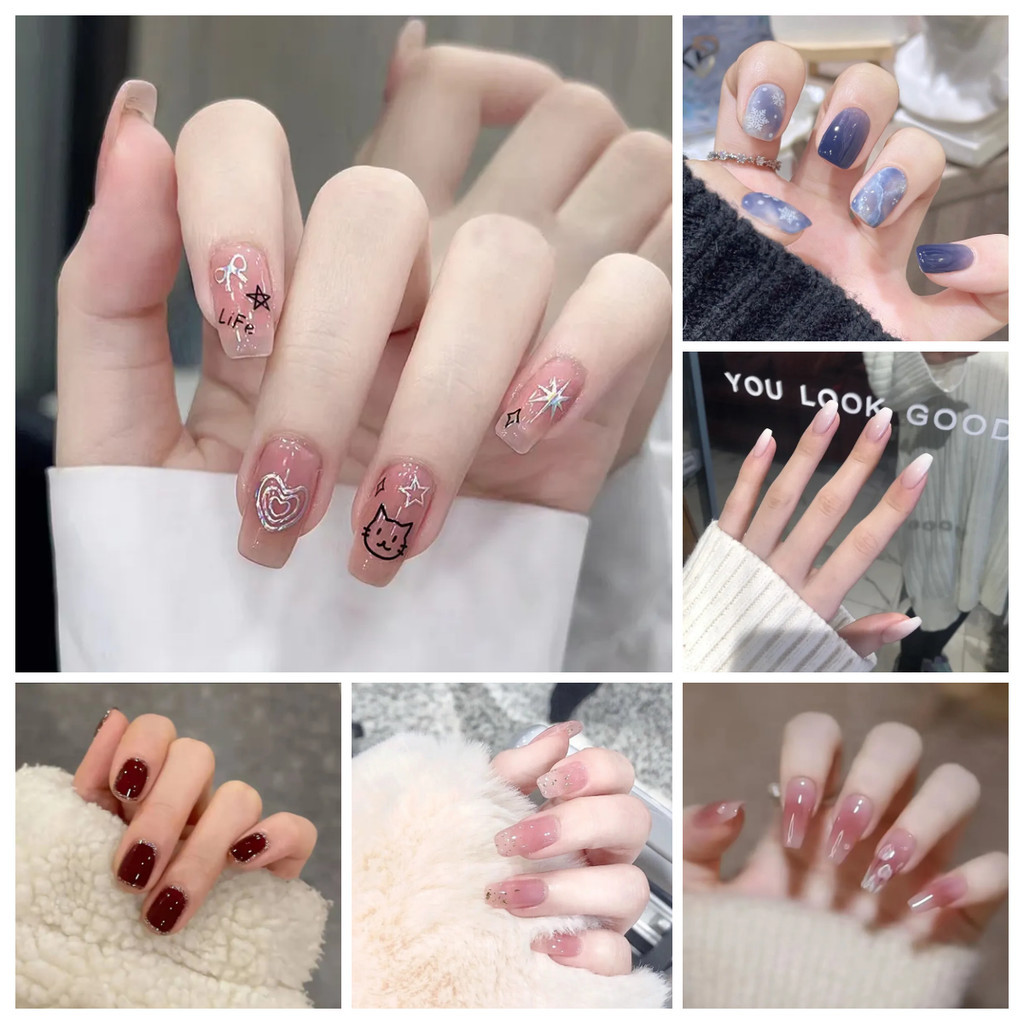 （ไทยสปอต）100 สไตล์ เล็บปลอม เล็บแฟชั่น ชนิดอะคริลิค สไตล์ฝรั่งเศส สีขาว ชมพู 24 ชิ้น