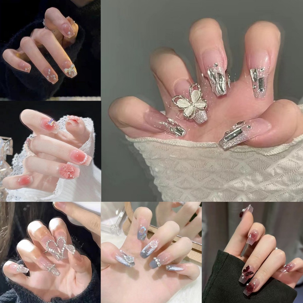 เล็บแฟชั่น เล็บปลอม ชนิดอะคริลิค สไตล์ฝรั่งเศส สีขาว ชมพู 24 ชิ้น