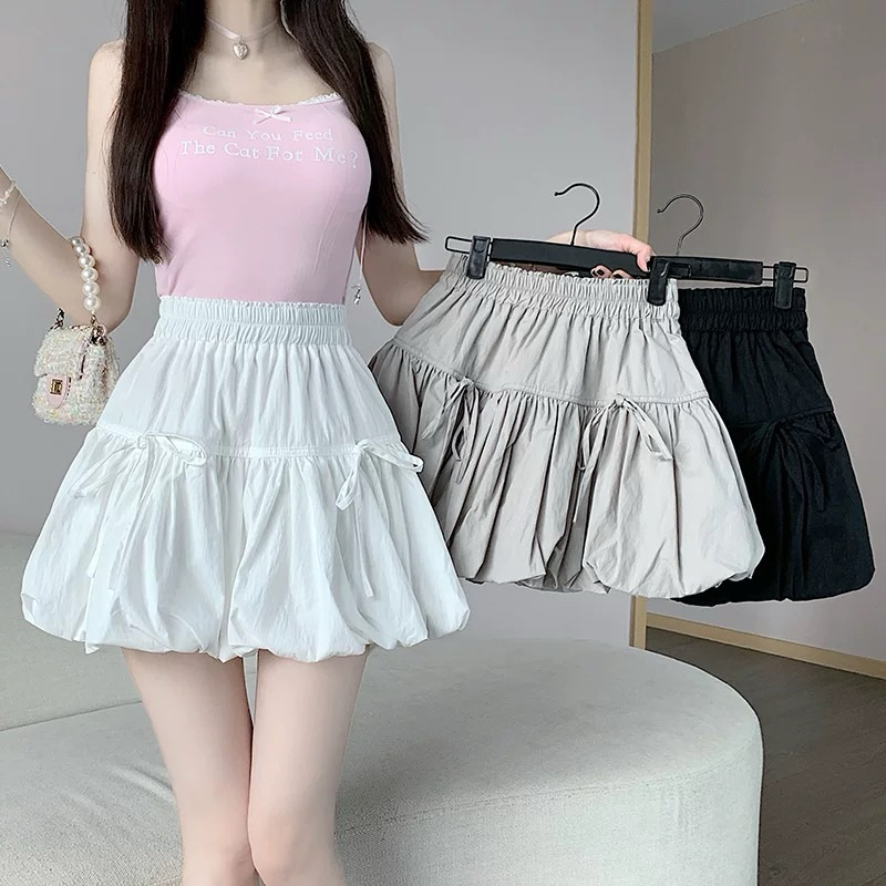 STR พร้อมส่งกระโปรงสั้นผู้หญิงเอวสม๊อคเเต่งโบว์ ทรงพองๆ กระโปรงบอลลูนสุดฮิต เนื้อผ้าครัช ใส่ไปทะเล ไปคาเฟ่ งานสวยสุดๆๆ